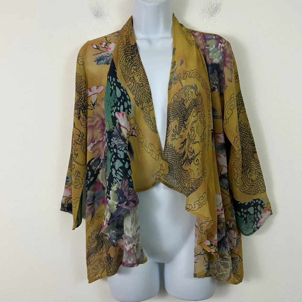Citron Santa Monica 100% Silk Dragon Floral Open Front Kimono Cardigan Small